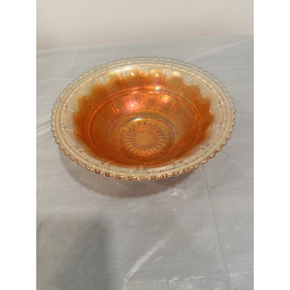 Vintage Carnival Glass Bowl Marigold Orange Iridescent Footed Scalloped Rim